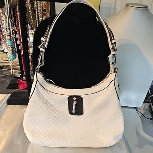 Elegant White and Black Woven Handbag